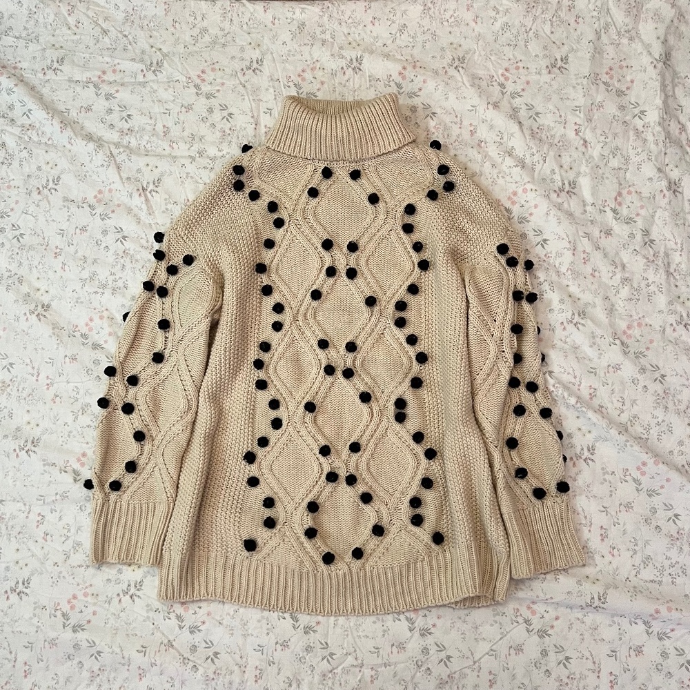 Cable Knit Pom Pom Cream Oversized Sweater Tunic